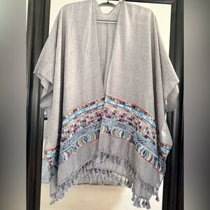 Gray Wool Blend Shawl with Colorful Fringe